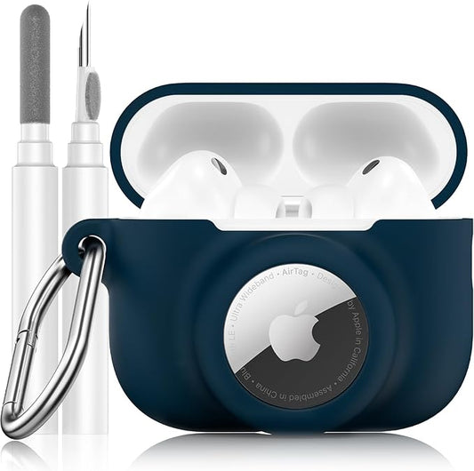 2 in 1 Silicone Case Compatible with AirPods Pro 3 and AirTag 2/1, Shockproof Protective Case Cover for AirPods Pro 3rd Generation 2025 with Cleaner Kit & Carabiner (Dark Blue)