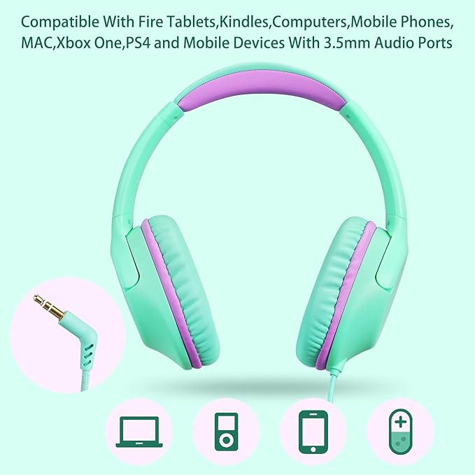 Kids Headphones Over-Ear Headphones for Kids/Teens/School with 94dB Volume Limited Adjustable Stereo 3.5MM Jack Wire Cord for Fire Tablets/Travel/PC/Phones(Mint Green)