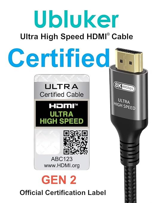 Ubluker 10K 8K 4K HDMI Cable 48Gbps 15 FT, Certified Ultra High Speed HDMI® Cable 4K 240Hz 144Hz 120Hz 8K60Hz 0.01ms HDR10+ eARC HDCP2.3 Netflix Roku TV PC Monitor Projector PS5 Xbox