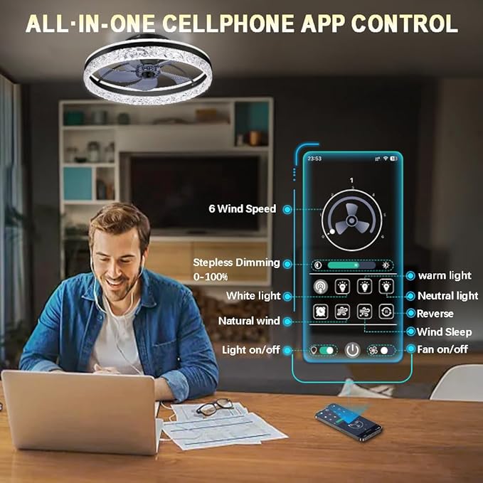 Ceiling Fan,Low Profile Ceiling Fan with Light,Flush Mount Ceiling Fan with Bluetooth Speaker, Smart Ceiling Fan,Bedroom Ceiling Fan-APP/Remote Control
