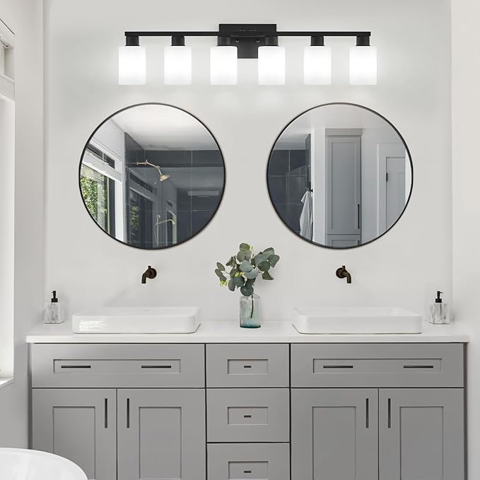 Black 6 Light Bathroom Vanity Light, Matte Black Vanity Lighting for Mirror, Rustic Bathroom Light Fixtures with Milky White Frosted Glass, Vanity Lights E26 Base Compatible