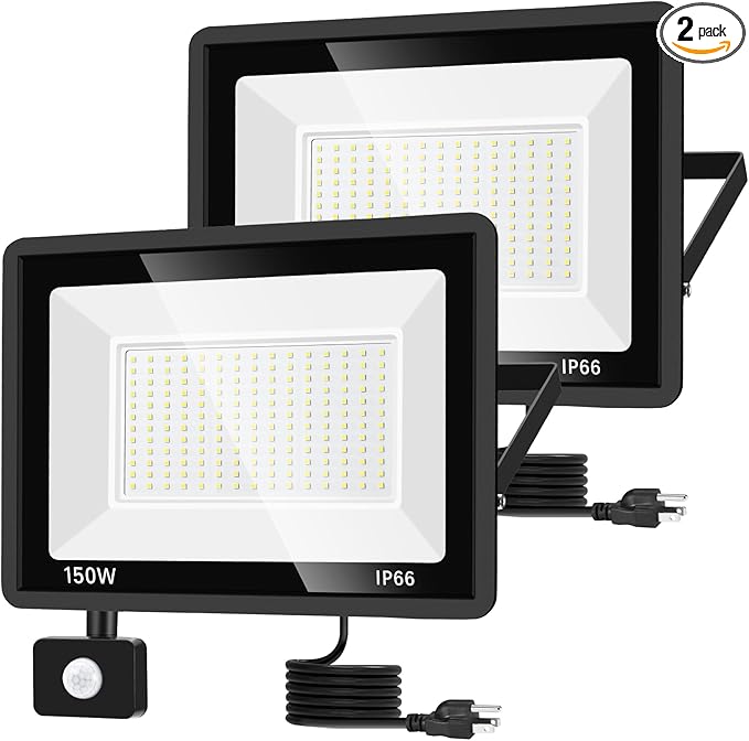 2 Pack 150W LED Motion Sensor Flood Light, 5000K Daylight, IP66 Waterproof, 17000 Lumens, Outdoor Security Dusk to Dawn Light for Garage, Front Porch, Barn