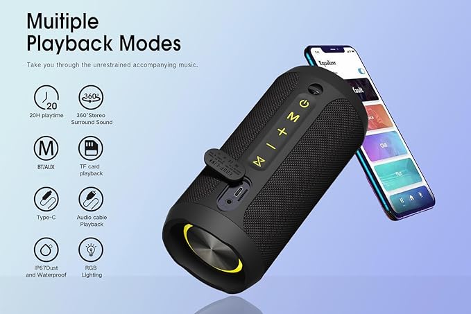 EDUPLINK Bluetooth Speaker, IPX7 Waterproof Portable Wireless Speaker with 20W Stereo Sound and Deep Bass, 20H Playtime, TWS Pairing, TF Card Slot, Black