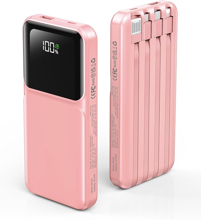 Portable Charger with Built in Cable - Power Bank Fast Charging USB C LED Display 10000mah Battery Pack 5 Outputs & 3 Inputs for Travel Essentials iPhone Samsung Android Phones Tablets Pink