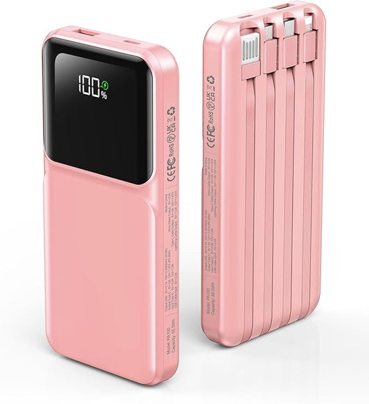 Portable Charger with Built in Cable - Power Bank Fast Charging USB C LED Display 10000mah Battery Pack 5 Outputs & 3 Inputs for Travel Essentials iPhone Samsung Android Phones Tablets Pink