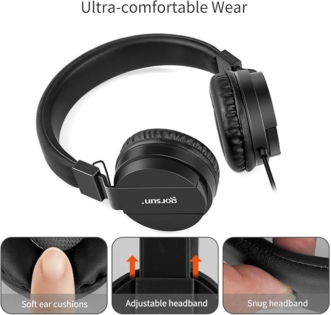 gorsun Kids Headphones, Lightweight Stereo Wired Toddler Headphones，Adjustable Headband Children's Headset for Smartphones Computer Pad Earphones(Black)