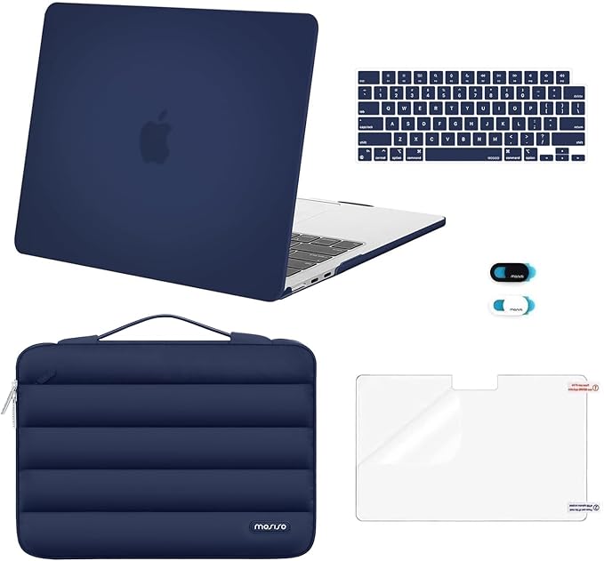 MOSISO Compatible with MacBook Air 13 inch Case M5 2026 M4 2025 M3 M2 2024-2022 A3449 A3240 A3113 A2681, Hard Case&Puffy Bag&Keyboard Cover&Webcam Cover&ScreenFilm for MacBook Air 13.6, Navy Blue