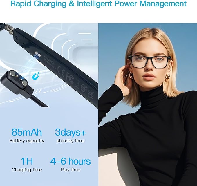 Smart Glasses for Men Women, Bluetooth Audio Glasses with Open Ear Design, Wireless Headphones, Hands-Free Calling, Voice Assistant Support, IP67 Waterproof, 6H Playtime for Working Relaxing