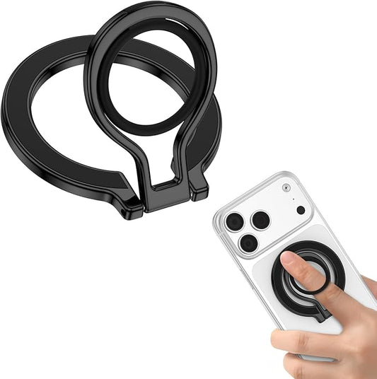 Magnetic Phone Grip for MagSafe iPhone Grip Ring Stand Holder, Adjustable Ring for MagSafe Kickstand iPhone 17 16 Pro Max Finger Loop Stand with Silicone Finger Strap, Black