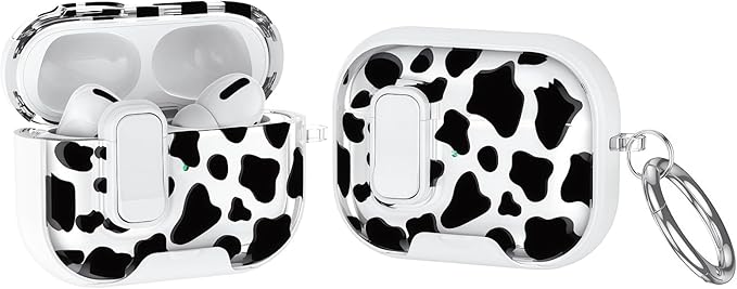 Case Compatible with AirPods 4 2024,Cute Cow Print Cover for AirPods 4th Gen with Built-in Phone Stand,One-Click Secure Lock & Metal Carabiner,Wireless Charging Keychain, Gift for Girls Women