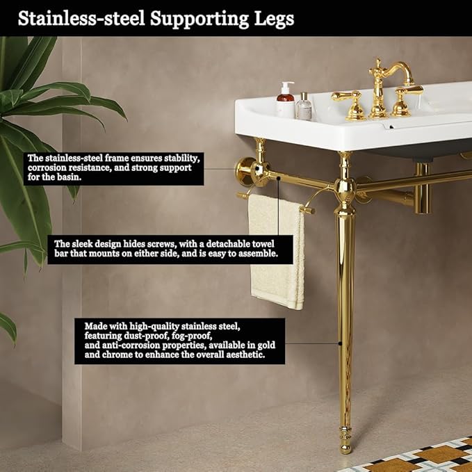 36" Bathroom Console Sink, Wall-Mounted White Ceramic Vanity Basin with 3 Pre-drilled Faucet Holes, Freestanding Gold Stainless Steel Support Legs with Towel Bar, No Faucet - Rome, White