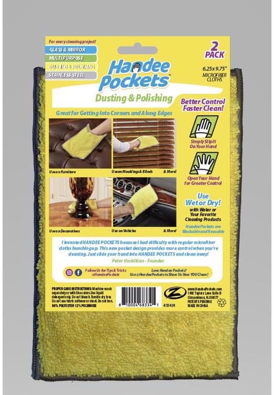 Dusting & Polishing Microfiber Cleaning Cloths with Built-in Pockets, 6.25 in. W x 9.75 in. L, 2 Pack - Ultra Absorbent, Reusable, Streak-Free for Dusting and Polishing