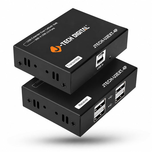 J-Tech Digital USB 2.0 Extender Over Single Cat5e/6 Ethernet 164ft, 4-Port USB 2.0 Hub for Webcam Keyboard Mouse Printer, Plug and Play for Windows MacOS Linux [JTECH-U2EXT-4P]