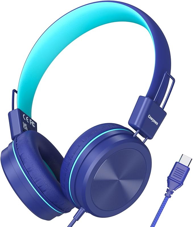 USB Type C Kids Headphones for School, 94dB Volume Limited, Kids Headphones with USB C Cord, HD Stereo Sound, Foldable Lightweight On-Ear USB-C Wired Headphones for Boys/Girls, Dark Blue