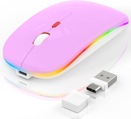 LED Wireless Mouse, RGB Rechargeable Bluetooth Wireless Mouse for MacBook Pro Air Mac iPad PC Laptop, Silent Optical USB C Mice with Jiggler Mouse Mover for Keep Computer Awake, Purple