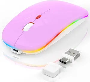 LED Wireless Mouse, RGB Rechargeable Bluetooth Wireless Mouse for MacBook Pro Air Mac iPad PC Laptop, Silent Optical USB C Mice with Jiggler Mouse Mover for Keep Computer Awake, Purple