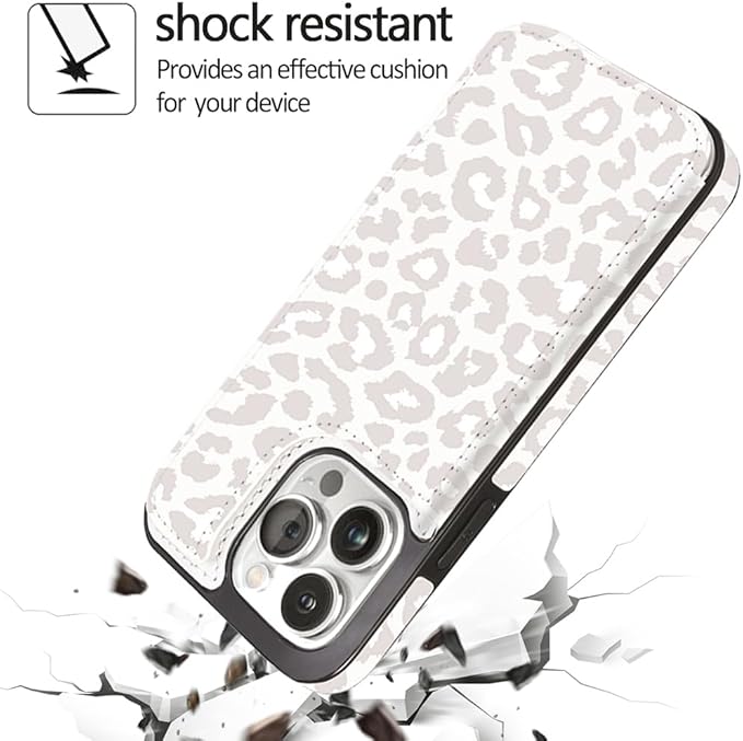 uCOLOR Compatible with iPhone 14 Pro 6.1 Inch Wallet Case with Card Holder Folio Flip PU Leather Kickstand Card Slots Case Double Magnetic Clasp and RFID Blocking Cover (Beige Leopard)