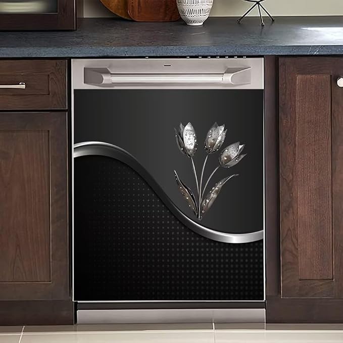 Stainless Steel Flowers Dishwasher Magnet Cover Decor, Metal Floral Dishwashing Sticker Magnetic, Kitchen Fridge Door Magnet Cover Black (23" x 26" Magnetic)