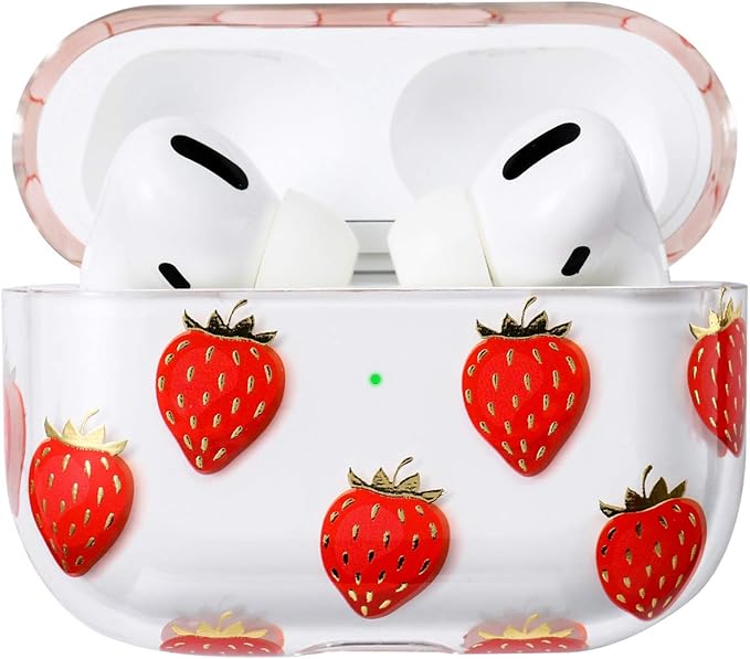 Compatible with Apple Airpods Pro Case for Women, Clear with Designs Patterns Hard PC Shockproof [Front LED Visible ] Anti-Fall Full Protector, Strawberry