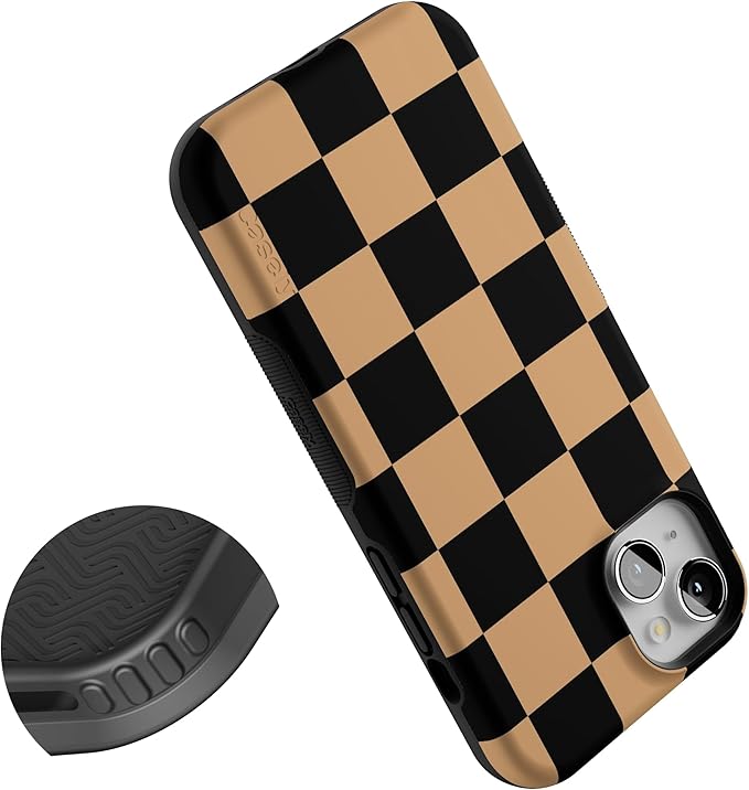 Casely iPhone 15 Plus Case | Fit Check | Black & Brown Checkerboard | Bold Protective Design | MagSafe Compatible Design