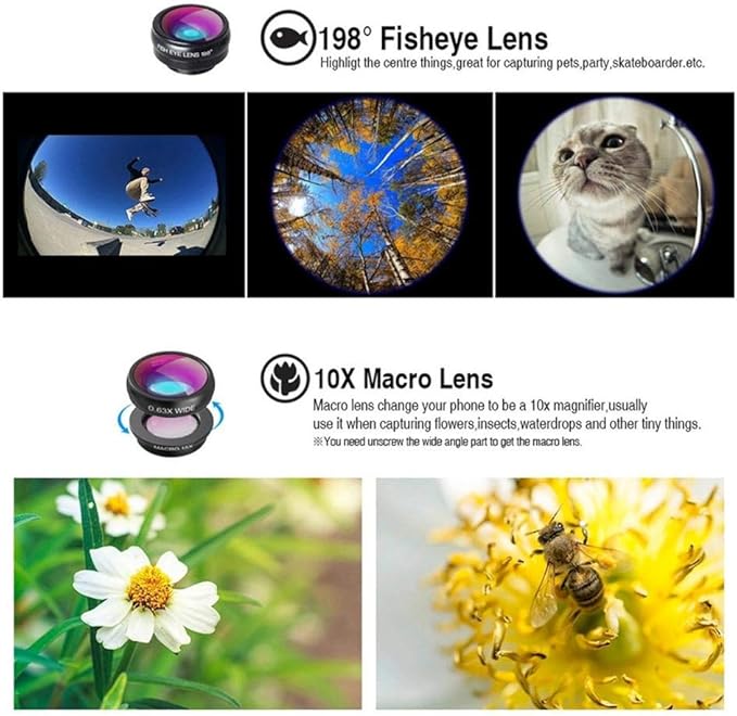 Phone Camera Lens Kit,4 in 1 Cell Phone Camera Lenses Kit - 18X Telescopic Lens + 198° Fisheye Lens + 0.36 Super Wide Angle Lens 15X Macro Lens