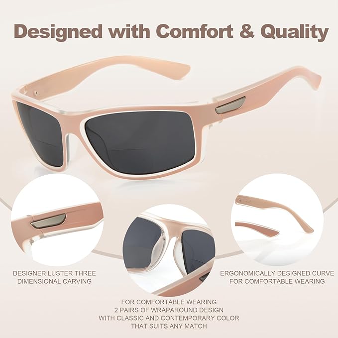 Missfive 2-Pack Bifocal Sunglasses with Readers Built In Sporty Upgraded Wrap Frame, UV400 Protection Driving & Reading Glasses for Outdoor +1.25 (Soft-Tone)