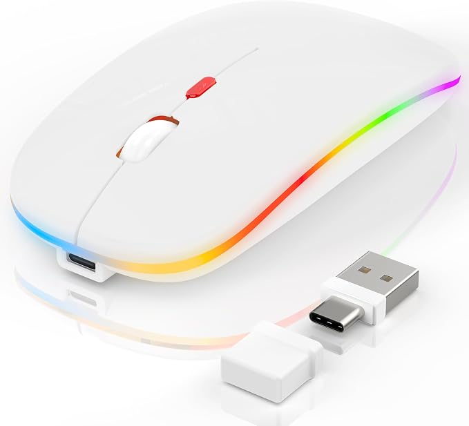 LED Bluetooth Wireless Mouse for MacBook Air/Pro/iPad/Mac/PC/Laptop, Portable Rechargeable Mouse 3 Mode BT 5.2 & 2.4G USB-A/USB-C Connection, Slim RGB Computer Mice with Jiggler Mode, White - Image 8