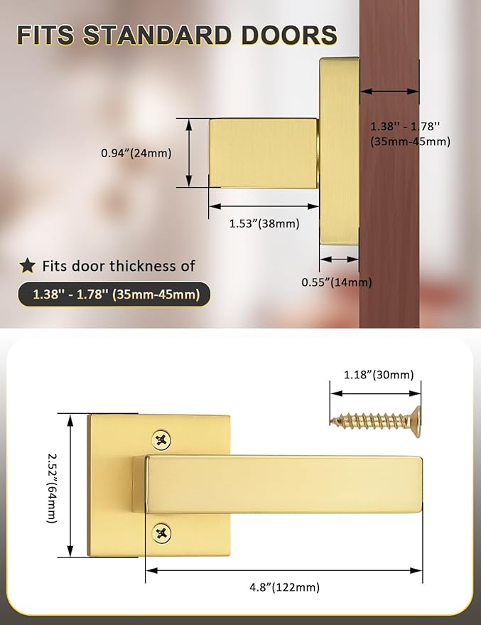 2 Pack Gold Dummy Lever Door Handles for Closets French Doors, Satin Brass Finish, Interior Dummy Door Locksets for Hall Closet Door Knobs Lock Reversible Right & Left Handed