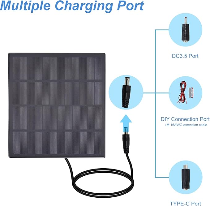 KBT 6V3W Waterproof Solar Panel with Type-C Port & DC3.5mm Port & Adjustable Bracket, Portable Solar Charger for Ring Security Camera Outdoor, Rechargeable Battery Powered Cam, Hunting Cam