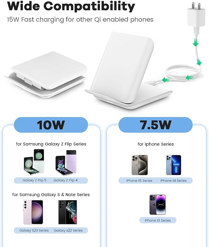Wireless Charger for Samsung Galaxy Z Flip 7, Foldable 15W Fast Qi-Certified Charging Stand for Galaxy Z Flip 7/6/5/4/3 & Motorola Razr+ | PD 20W Adapter Included | White Travel Dock