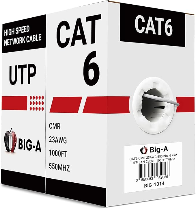Big-A - Bulk Cat6 Cable 1000ft 23AWG Solid 4 Pair, Cat 6 Ethernet Cable Unshielded Twisted Pair (UTP), (CMR) 550MHz Internet Cable, Pull Box - White