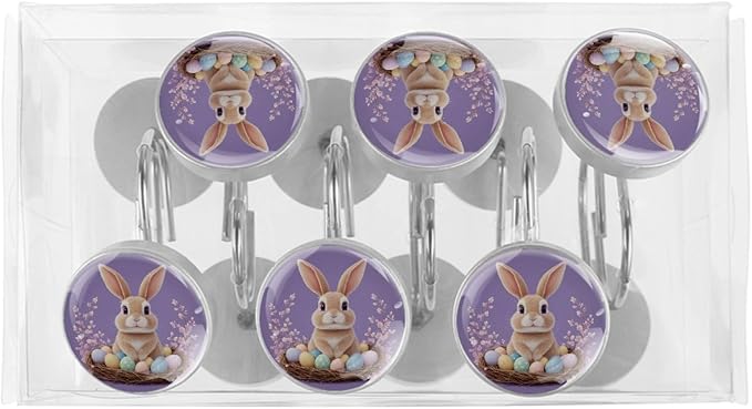 Elegant Purple and Easter Bunny Crystal Glass Shower Curtain Hooks for Bathroom Shower Rod, 12Pcs Round Home Decorative Shower Curtain Rings, Bathroom Bedroom Living Room Accessories