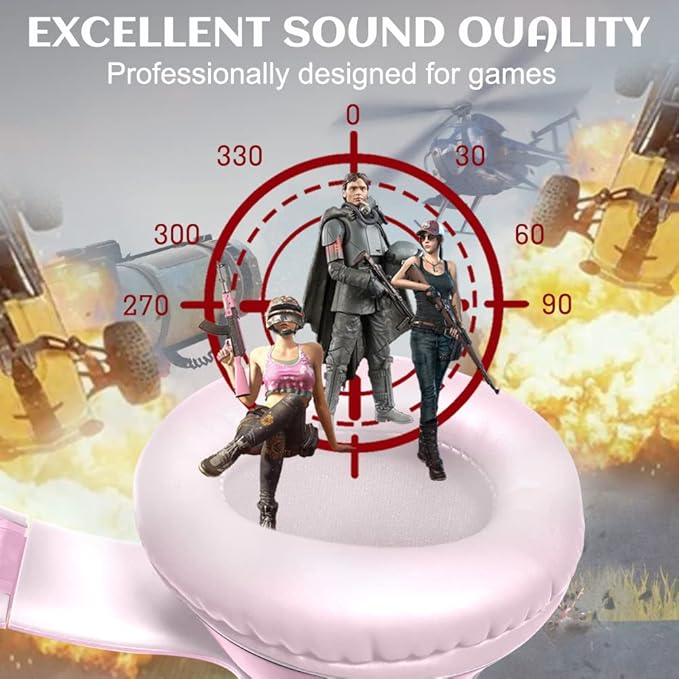 Cat Ear Gaming Headset with Mic RGB LED Light, Flashing Glowing Stereo Headphones, 7.1 Stereo Sound Surround Over-Ear Headset for PC, PS4, PS5, Nintendo Switch,Mobile(Pink)