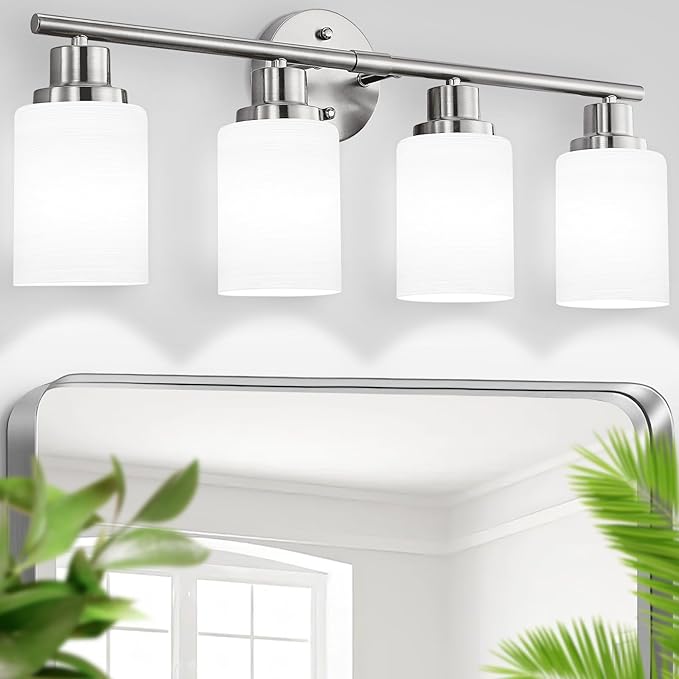 4-Light Brushed Nickel Vanity Lights for Mirror, Bathroom Light Fixtures with Textured Milky White Glass Shade, Modern Kitchen Light Fixtures Wall Sconce Light - E26 Base