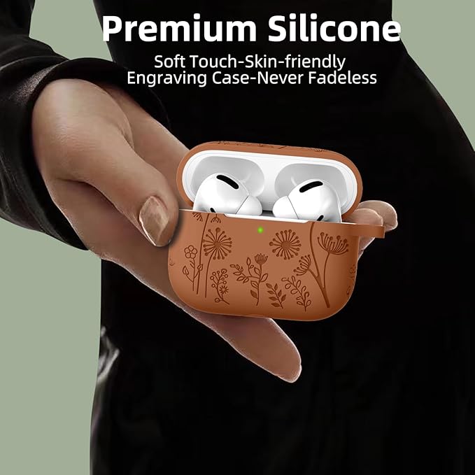 Lerobo Compatible with Apple Airpods Pro Case 2 Cute, Flower Engraved Full Protective for 2nd 1st Generation USB C, Funny Soft Silicone Skin Cover, Front LED Visible C-Brown