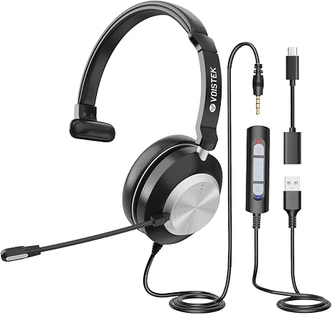 Voistek USB Headset with Microphone for PC, Wired Work Headset (One Ear) Computer Headphones with Noise Cancelling Mic, Mute, Volume Controls for Office Call Center Home Work Skype Zoom Team Meetings