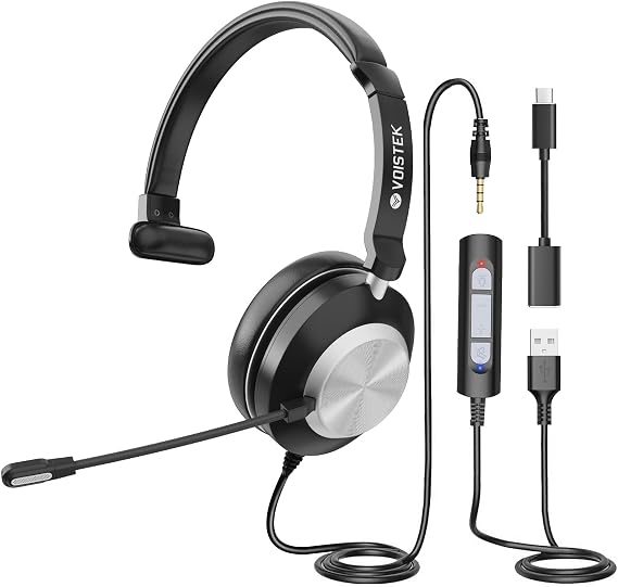 Voistek USB Headset with Microphone for PC, Wired Work Headset (One Ear) Computer Headphones with Noise Cancelling Mic, Mute, Volume Controls for Office Call Center Home Work Skype Zoom Team Meetings