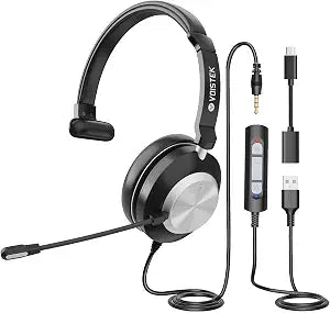 Voistek USB Headset with Microphone for PC, Wired Work Headset (One Ear) Computer Headphones with Noise Cancelling Mic, Mute, Volume Controls for Office Call Center Home Work Skype Zoom Team Meetings