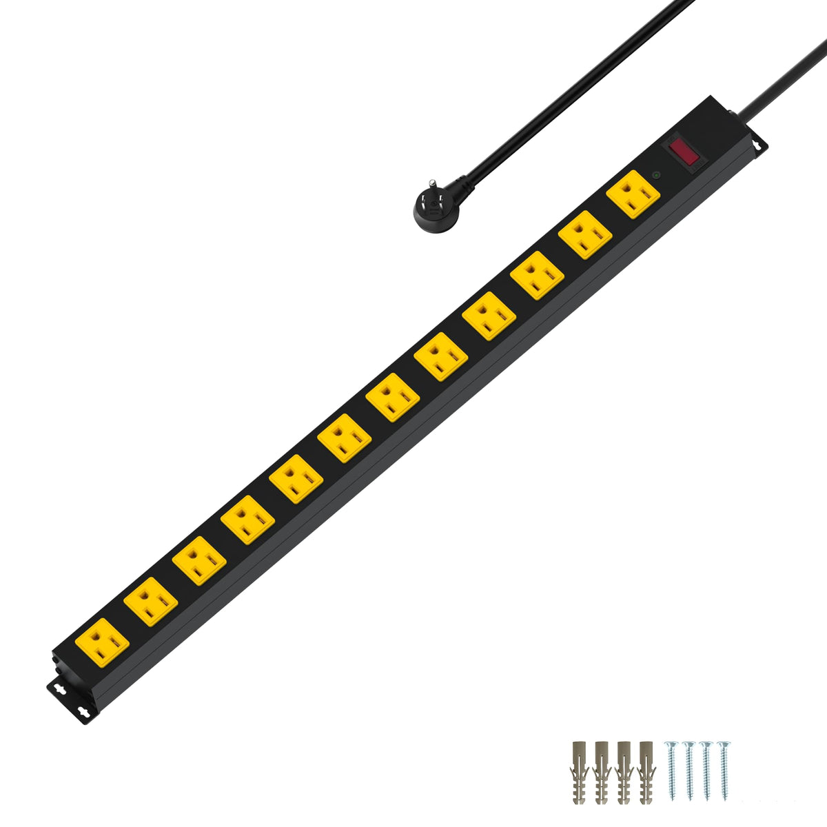 Metal 12 Outlet Mountable Power Strip, 2100J Surge Protector with Heavy Duty 6ft Extension Cord, Wide Spaced and Wall Mount Metal Powerstrip for Garage, Desk, Industrial, Shop and Indoor (6ft)