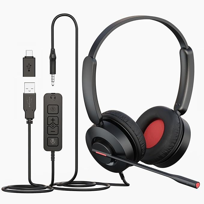 MAIRDI USB Headset with Microphone, 7.1 Surround Sound, USB-A/Type C/3.5mm 3-in-1 Wired Headset with Mic Noise Cancelling & Mute, Computer Headphone for Laptop Home Work Office CallCenter Teams Zoom