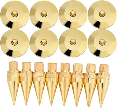8Pcs Speaker Spike Pad Kit, 6x36mm Speaker Isolation Spikes with Plated Feet Pads, Pure Copper Speaker Spike Isolation Stand for Amplifier, CD DVD Player, Subwoofer, Gold