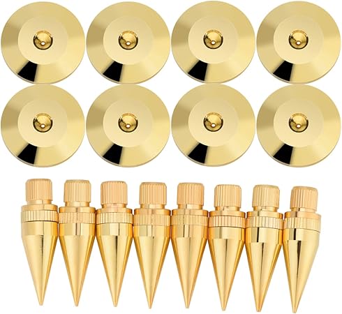 8Pcs Speaker Spike Pad Kit, 6x36mm Speaker Isolation Spikes with Plated Feet Pads, Pure Copper Speaker Spike Isolation Stand for Amplifier, CD DVD Player, Subwoofer, Gold