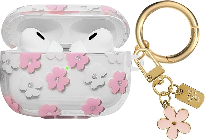 Compatible with AirPods Pro 2 Case Cover 2022, Soft TPU with Cute Flower Pattern for AirPods Pro 2nd/1st Generation Case with Flower Keychain and Carabiner for Girls Women (Pink)