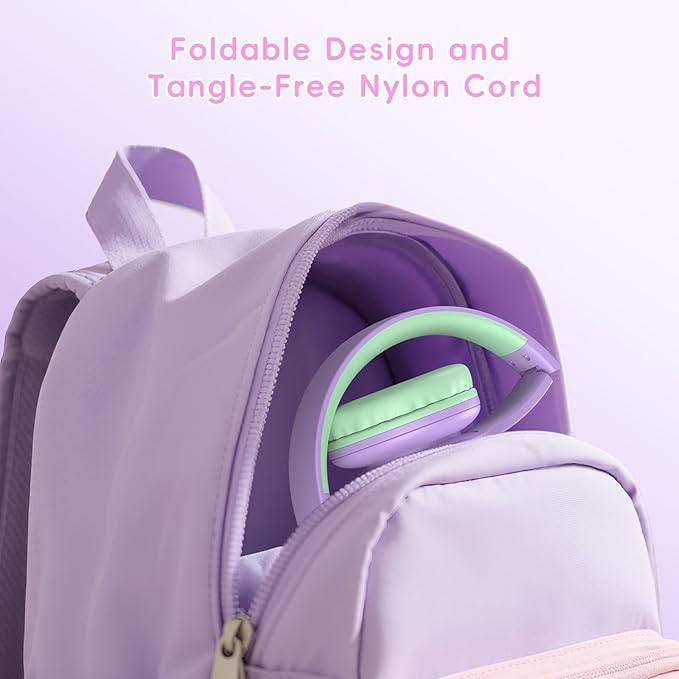 Kids Bluetooth Headphones with LED Light, 45Hours Playtimes, 85/94dB Volume Limited, Bluetooth 5.4, Wireless Headphones for Kids with Built-in Mic, Wired & TF Card Mode,Green and Purple