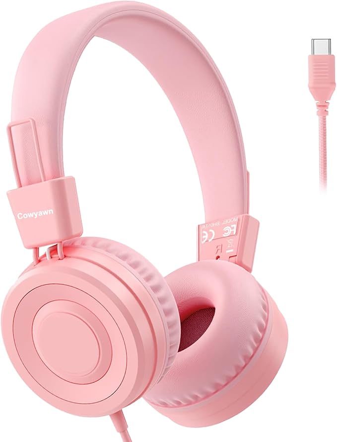 USB Type C Kids Headphones for School, Wired Toddler Headphones, 94dB Volume Limited, HD Stereo Sound, Foldable Lightweight On-Ear Wired Headphones for Kids/Children/Teens/Boys (Light Pink)