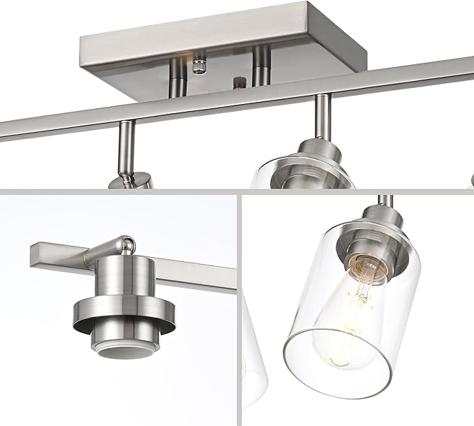 3 Light Track Lighting Kit Brushed Nickel Kitchen Track Lighting Fixtures Ceiling Mount Bathroom Vanity Wall Scones Light Fixture with Clear Glass, Rotatable Spotlight for Kitchen Shop Hallway