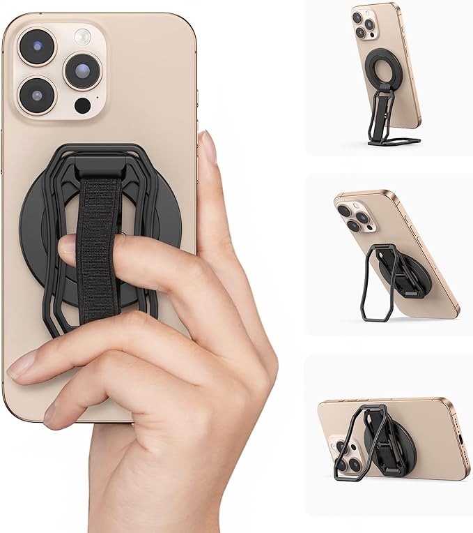 4-in-1 Magnetic Phone Grip Mount Stand with Finger Loop, Phone Ring Holder, Strap, Kickstand for MagSafe - Compatible with iPhone 17, 16, 15, 14, 13, 12, Plus, Pro, Max, Air