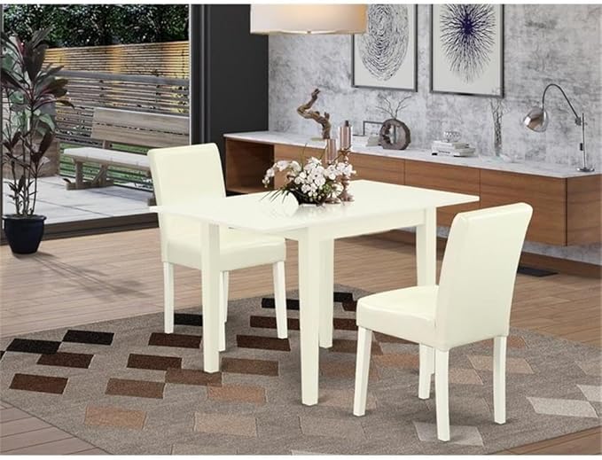 East West Furniture 1NDAB3-LWH-64 3 Piece Kitchen Table Set Contains a Rectangle Dining Room Table with Dropleaf and 2 White Faux Leather Parsons Dining Chairs, 30x48 Inch, Linen White