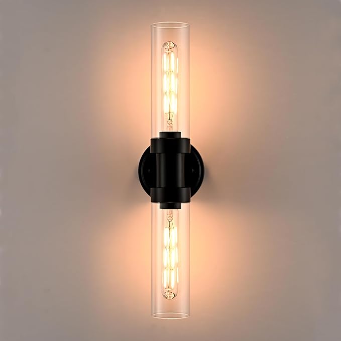 Farmhouse Black Wall Sconce 2-Light Cylinder Bathroom Vanity Lights with Clear Glass Shade 20-Inch Modern Matte Black Glass Sconces Wall Lighting for Bedroom Hallway Staircase