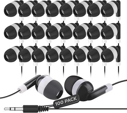 JustJamz Bulk Earbuds 100 Pack | Wired in-Ear Earphones for Classroom, Students, Kids, and Libraries | Disposable Headphones with 3.5mm Jack, Perfect for Schools, Laptops, and Chromebooks, Black